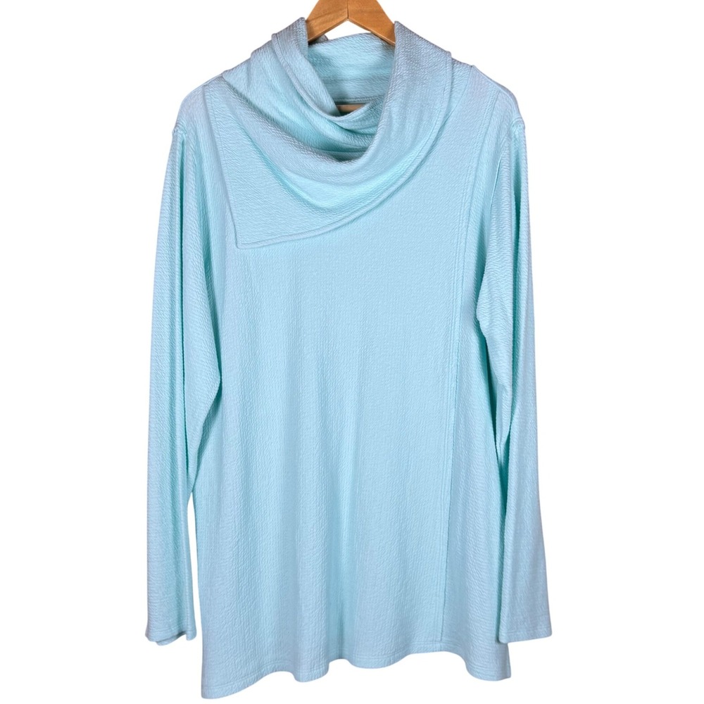 Soft Surroundings Cowl Neck Tunic Top Blue Spring Easter Cozy Soft Cottage Knit